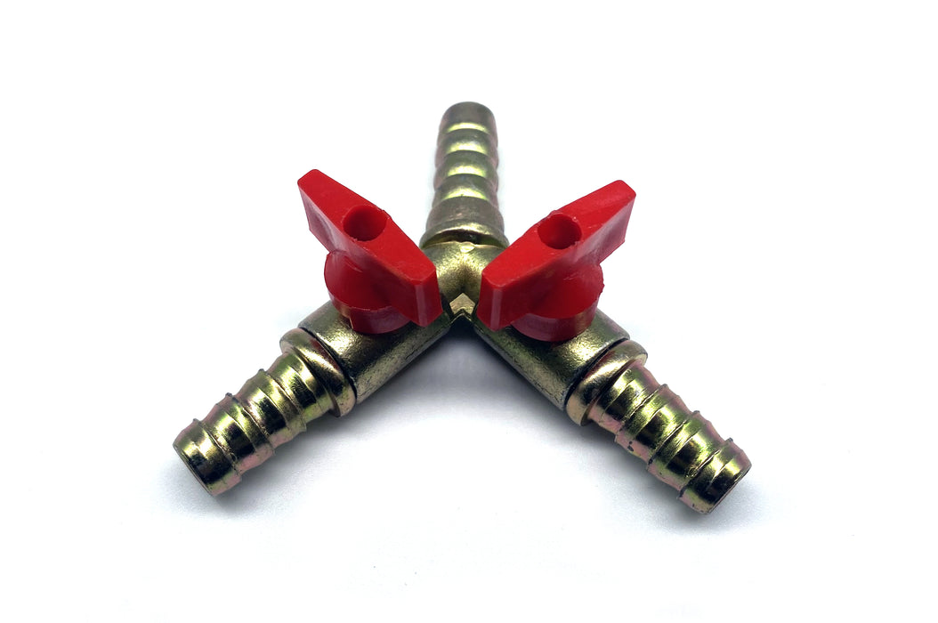 Slangsockel 3-vägs Y med avstängningsventiler - 10 mm slang