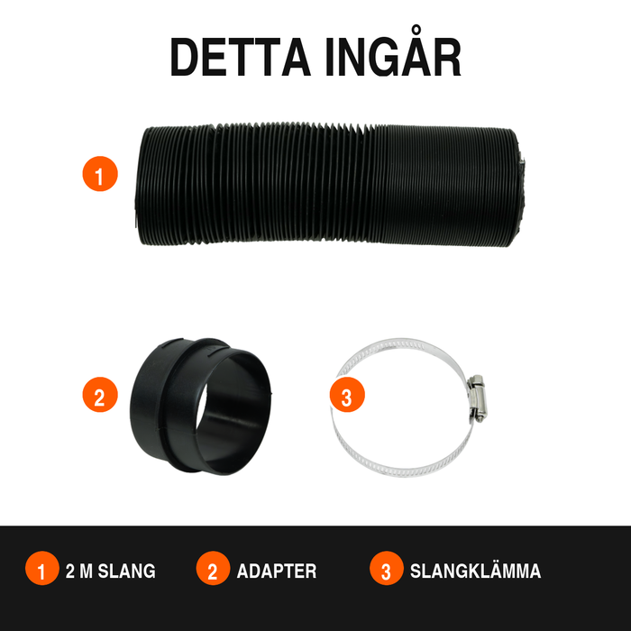 Paketinnehåll – 2 meter slang, anslutningsadapter och slangklämma