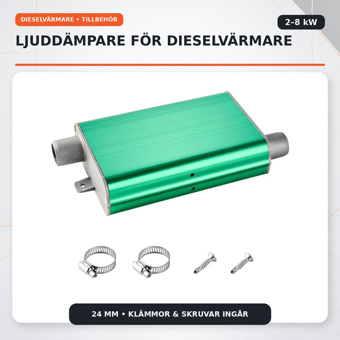 Ljuddämpare för dieselvärmare 2–8 kW med 24 mm anslutning, klämmor och skruvar