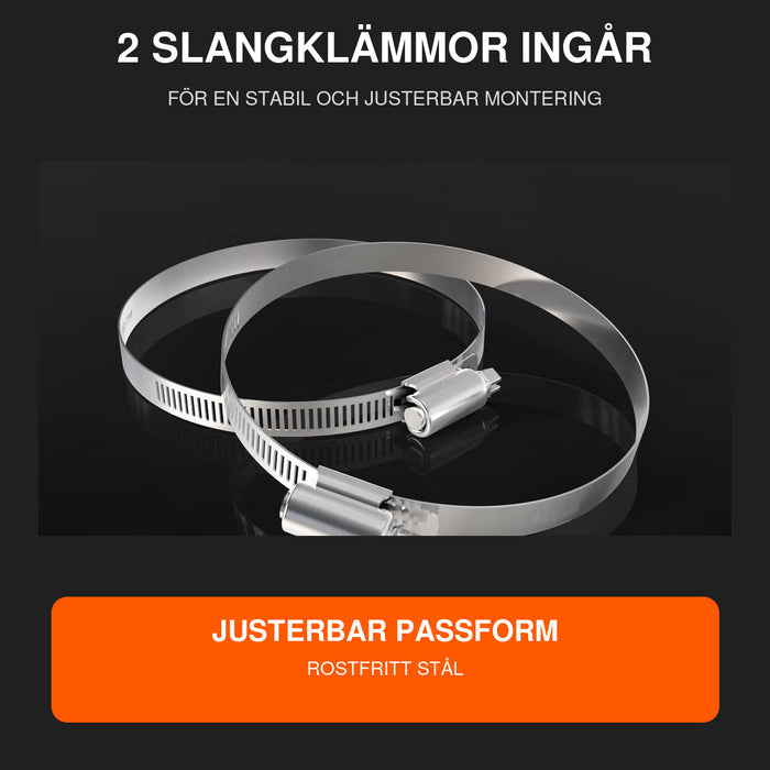 Två justerbara slangklämmor i rostfritt stål ingår