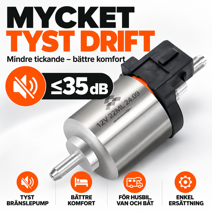 Tyst bränslepump 12 V för dieselvärmare – 18,5 / 22 ml